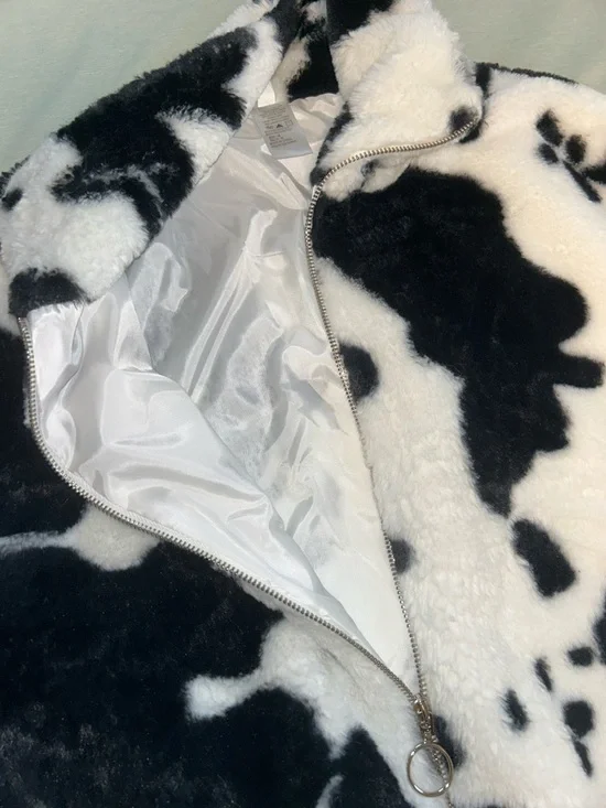 Women’s Black & White Faux Fur Cow Print Jacket - Picture 8 of 9